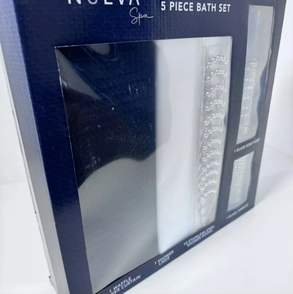 Nueva Spa 5 Piece Bath Set Meriden Navy. Hooks, Liner, Soap Pump, Tumbler !